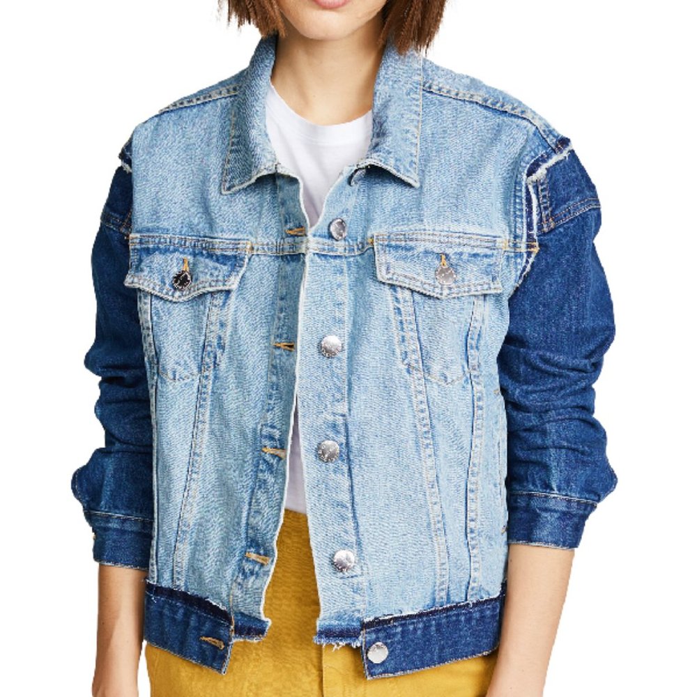 Current Elliott Carina Denim Jacket Two Tone Wash Frayed Trim Cotton Flap Pocket